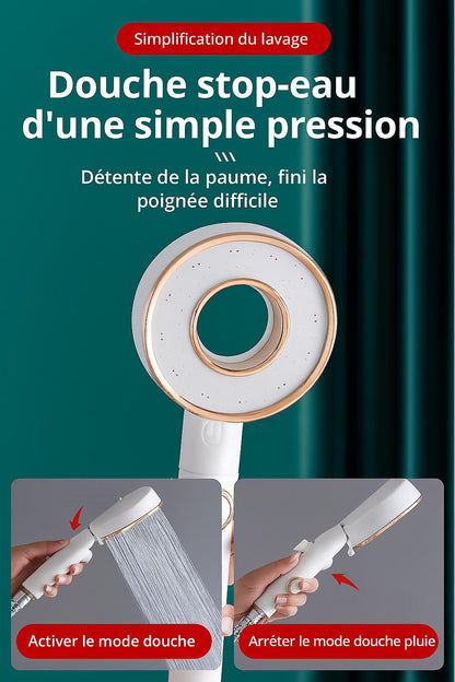 Pommeau de douche blanc, mode pluie et arrêt  de douche