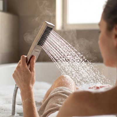Pommeau de douche colonne de douche dans la main , jet eau sur femme baignoire