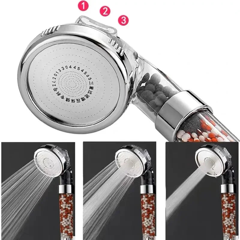 Pommeau de douche filtrant avec boules minerales marrons blanches, trois modes , pluie , massage , jet eau