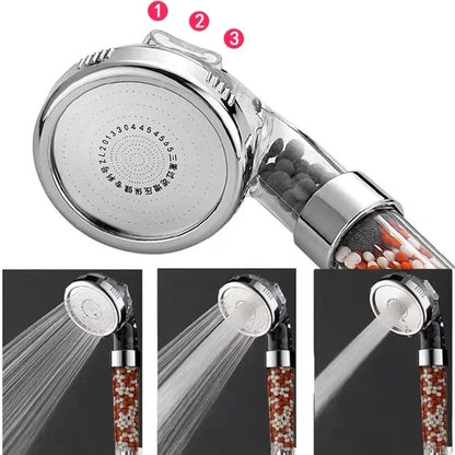 Pommeau de douche filtrant avec boules minerales marrons blanches, trois modes , pluie , massage , jet eau