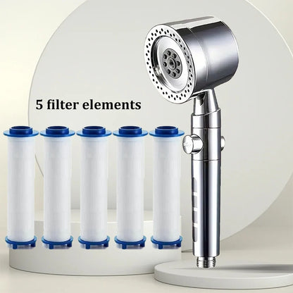 Pommeau de douche filtrant gris  avec cinq filtres blancs bleus