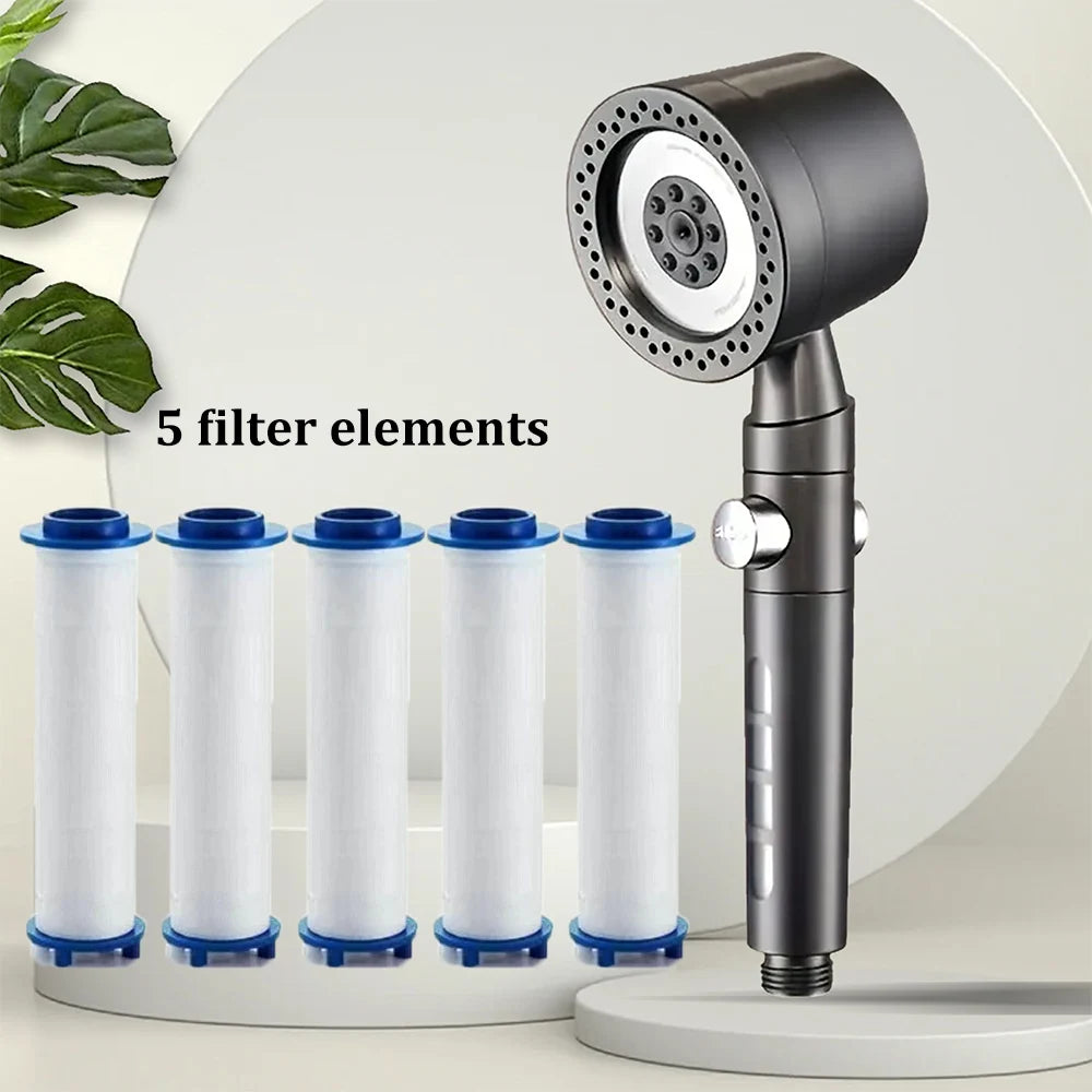 Pommeau de douche filtrant gris  avec cinq filtres blancs feuilles vertes