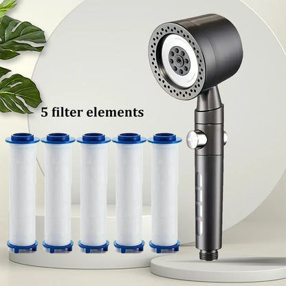 Pommeau de douche filtrant gris  avec cinq filtres blancs feuilles vertes