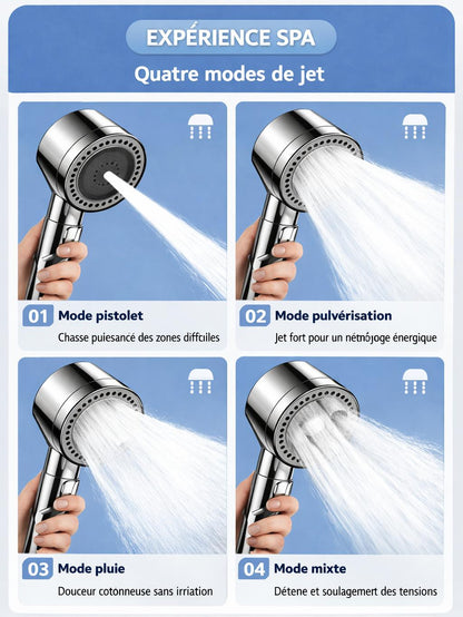 Pommeau de douche filtrant gris quatre modes , pistolet, pulverisatioh,pluie, mixte