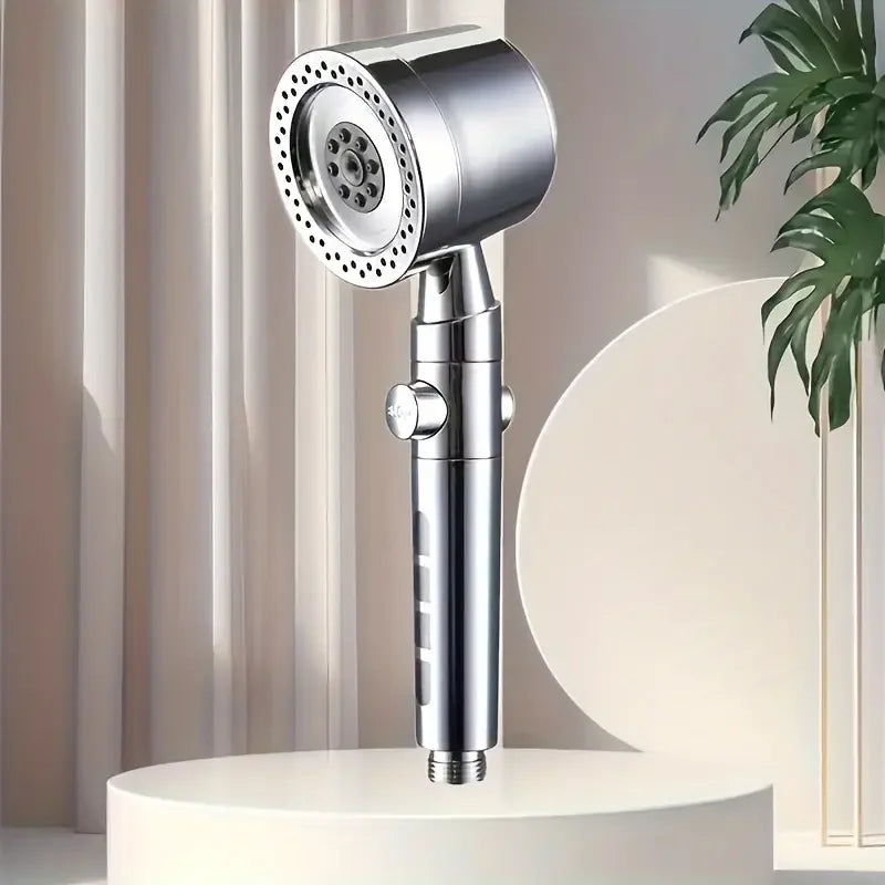 Pommeau de douche filtrant gris  surpport gris, feuilles vertes 