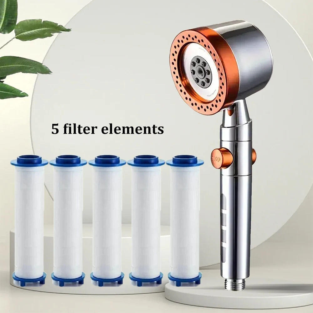Pommeau de douche filtrant gris  avec cinq filtres blancs