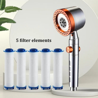 Pommeau de douche filtrant gris  avec cinq filtres blancs