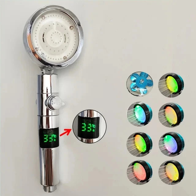 Pommeau de douche led argente , sept couleurs , helice bleue , indicateur temperature vert