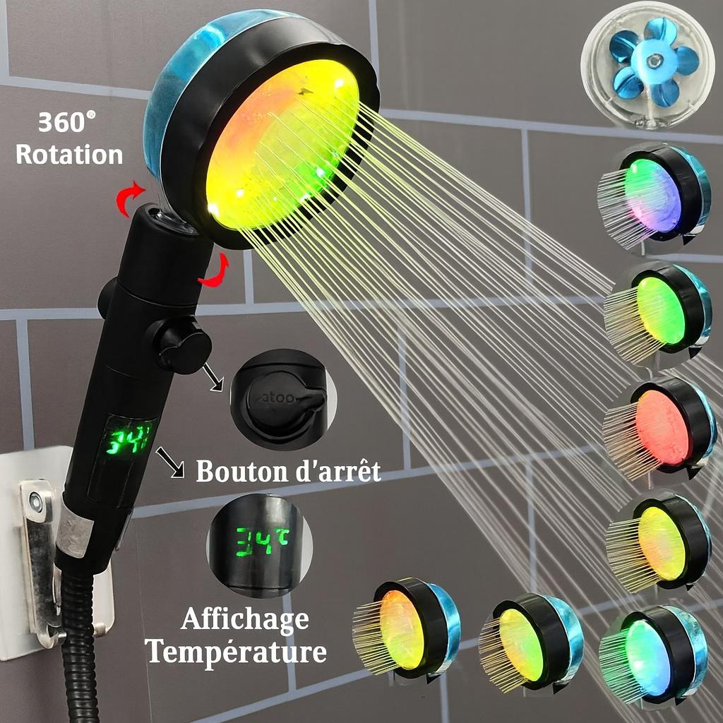 Pommeau de douche  led , jet eau ,  sept couleurs , helice bleue 