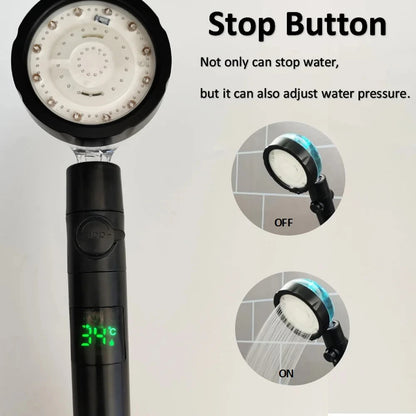 Pommeau de douche led noir, deux boutons , marche ,arret , indicateur temperature vert
