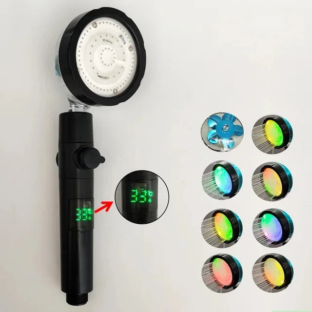 Pommeau de douche led noir , sept couleurs , helice bleue , indicateur temperature vert
