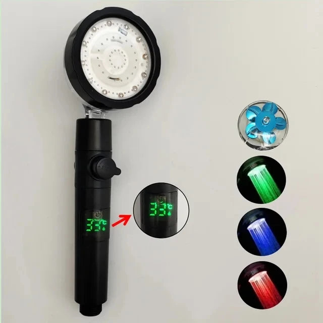 Pommeau de douche led noir , trois couleurs , helice bleue , indicateur temperature vert
