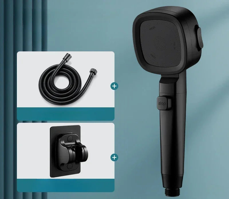  Pommeau de douche noir support mural noir flexible trois modes pluie jet mixte et mode pulse