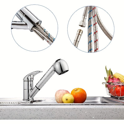 Robinet cuisine,fruits et legumes sur évier , flexible rouge et bleu du  Robinet cuisine 