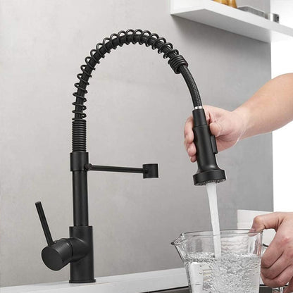 Robinet cuisine  | Mitigeurs cuisine-Robinet cuisine à ressort chromé avec douchette extractible — Jet aéré — Acier inoxydable – Bec rotatif
