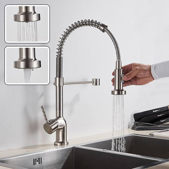 Robinet cuisine  | Mitigeurs cuisine-Robinet cuisine à ressort chromé avec douchette extractible — Jet aéré — Acier inoxydable – Bec rotatif
