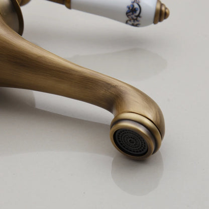 Robinet salle de bain dore antique avec poignée céramique blanc 