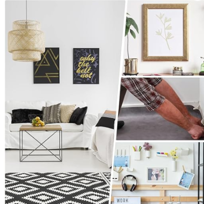 Ruban adhésif transparent double faces , homme colle un tapis dans  salon décoration