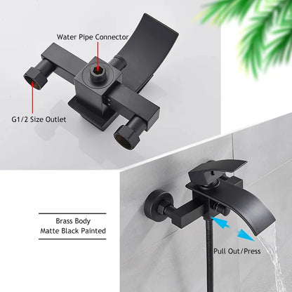 Mitigeur baignoire |Cascade Noire - mitigeur à bec cascade avec douchette à main et robinet de baignoire