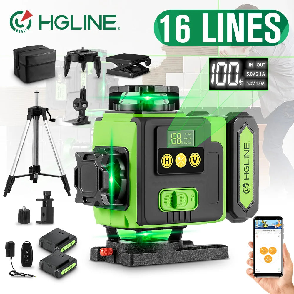 Niveau Laser 4D 16 Lignes Vert | Télécommande APP | Batterie Li-ion 6000 mAh | Auto-Nivelant 360°