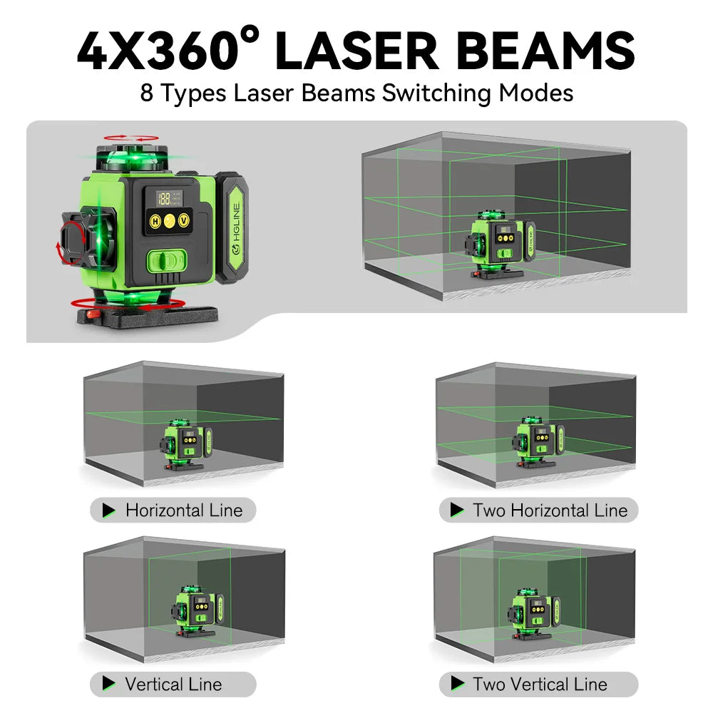 Niveau Laser 4D 16 Lignes Vert | Télécommande APP | Batterie Li-ion 6000 mAh | Auto-Nivelant 360°