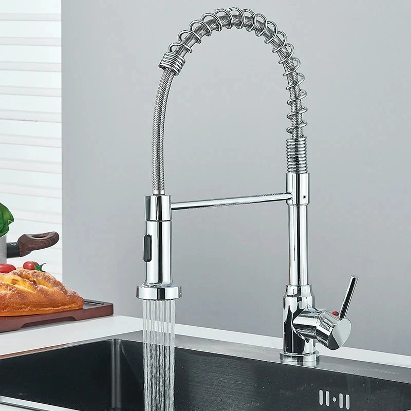 Robinet cuisine  | Mitigeurs cuisine-Robinet cuisine à ressort chromé avec douchette extractible — Jet aéré — Acier inoxydable – Bec rotatif