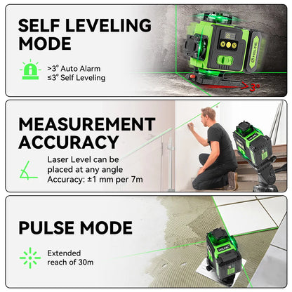 Niveau Laser 4D 16 Lignes Vert | Télécommande APP | Batterie Li-ion 6000 mAh | Auto-Nivelant 360°