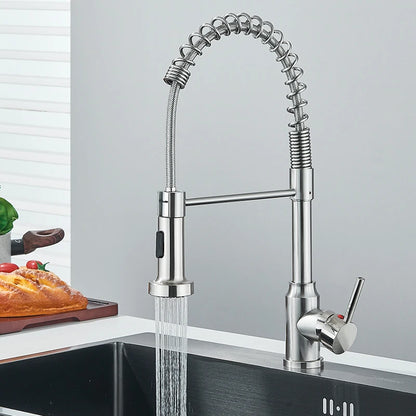 Robinet cuisine  | Mitigeurs cuisine-Robinet cuisine à ressort chromé avec douchette extractible — Jet aéré — Acier inoxydable – Bec rotatif