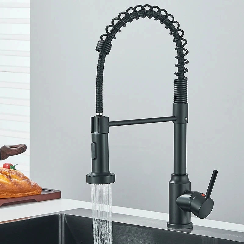 Robinet cuisine  | Mitigeurs cuisine-Robinet cuisine à ressort chromé avec douchette extractible — Jet aéré — Acier inoxydable – Bec rotatif