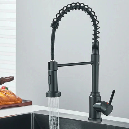 Robinet cuisine  | Mitigeurs cuisine-Robinet cuisine à ressort chromé avec douchette extractible — Jet aéré — Acier inoxydable – Bec rotatif
