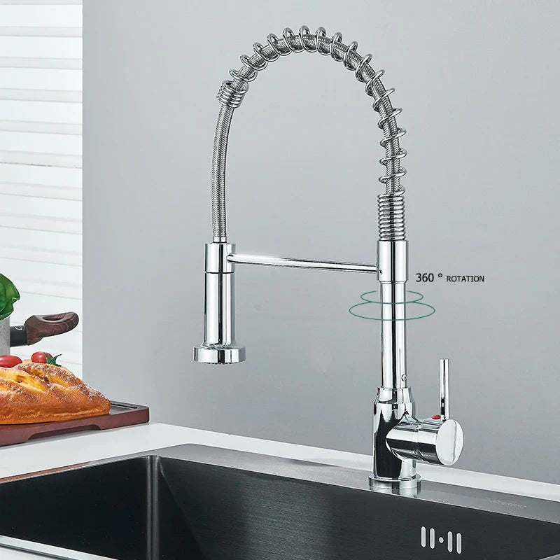 Robinet cuisine  | Mitigeurs cuisine-Robinet cuisine à ressort chromé avec douchette extractible — Jet aéré — Acier inoxydable – Bec rotatif