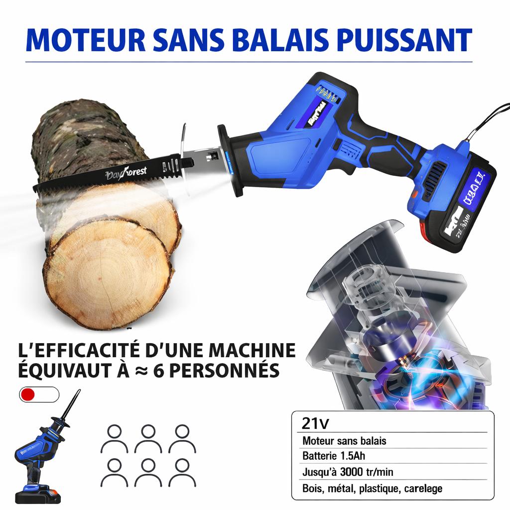 Scie Sabre Sans Fil bleue efficace coupe gros piquet en bois. Moteur brushless puissant 
