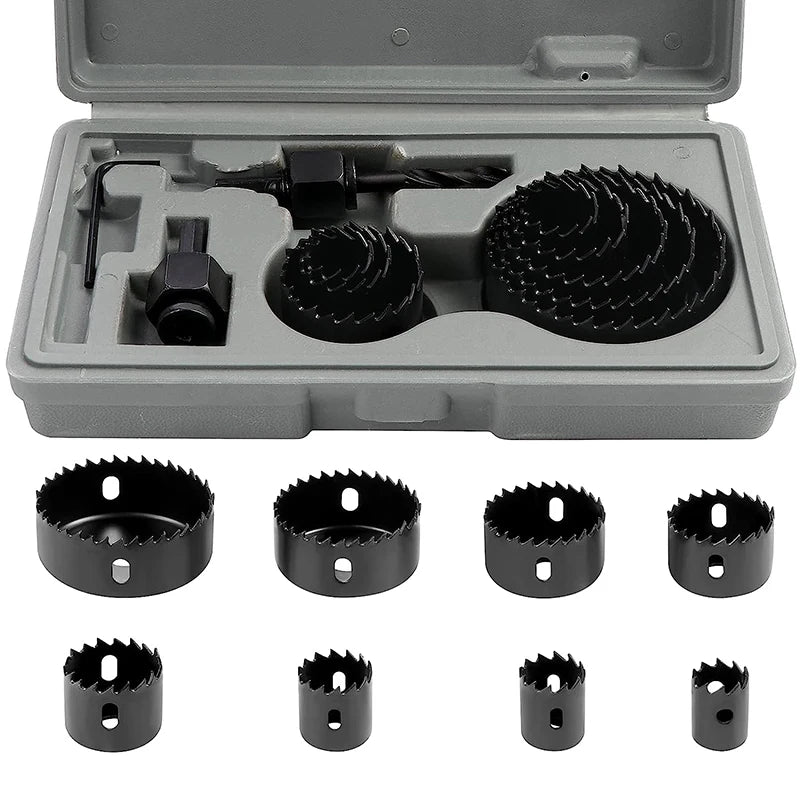 Kit scie cloche noires deux mandrins noir dans boite plastique grise six scies cloches noires
