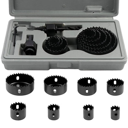 Kit scie cloche noires deux mandrins noir dans boite plastique grise six scies cloches noires