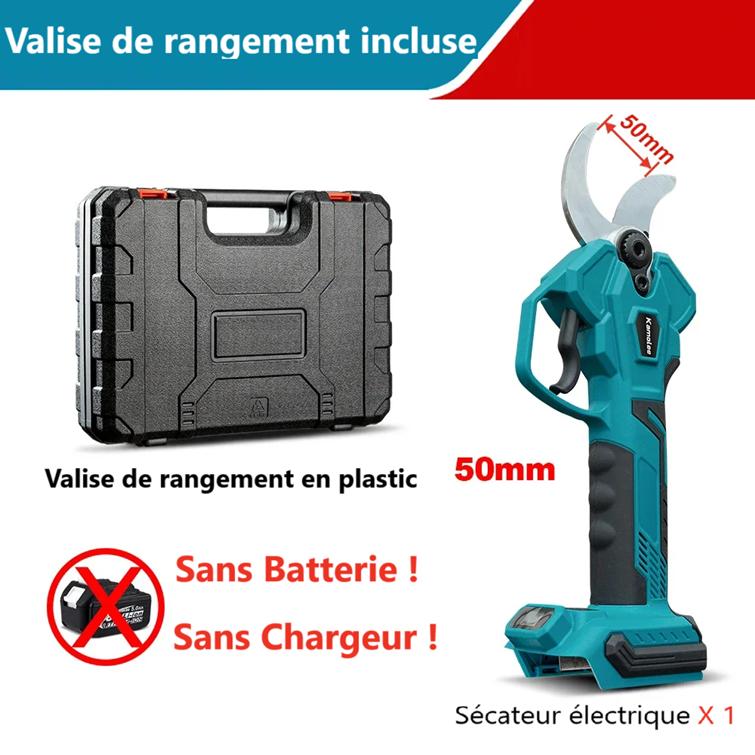 Sécateur électrique bleu et valise rangement noire de cinquante mm