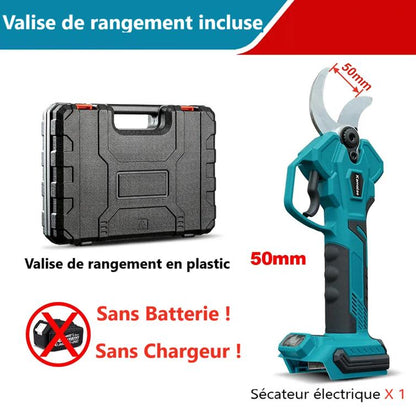 Sécateur électrique bleu et valise rangement noire de cinquante mm