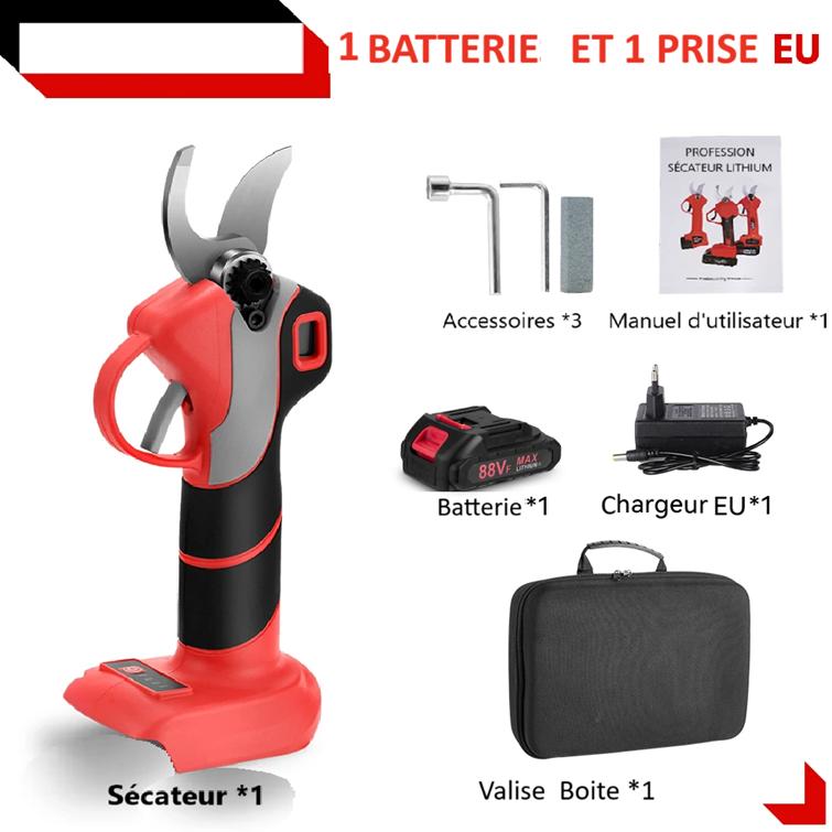 Secateur electrique rouge noir batterie prise valise noire accessoires