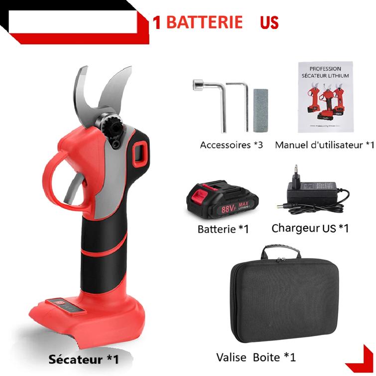 Secateur electrique rouge noir batterie us valise noire accessoires