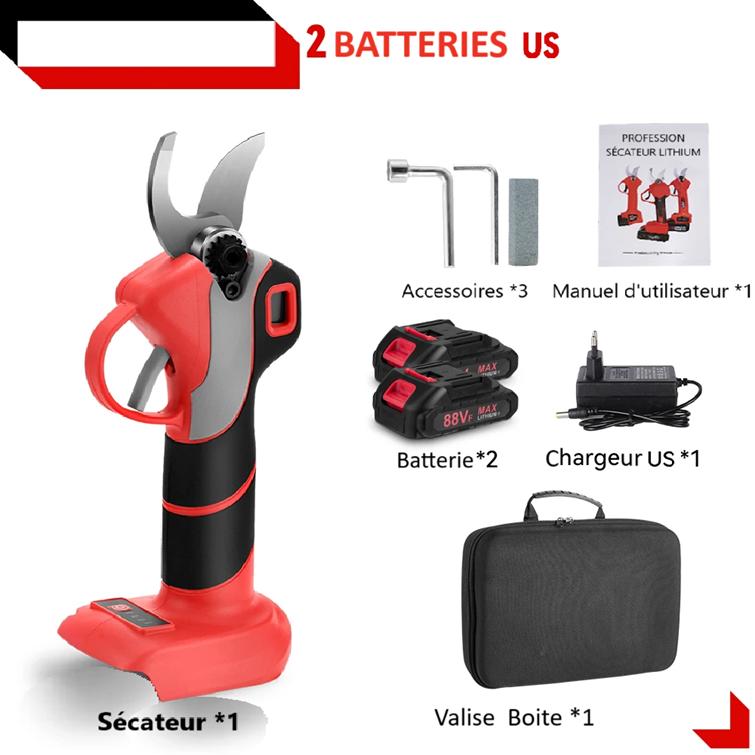 Secateur electrique rouge noir deux batteries us valise noire accessoires