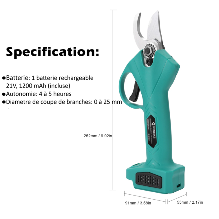 Secateur electrique vert spécifications