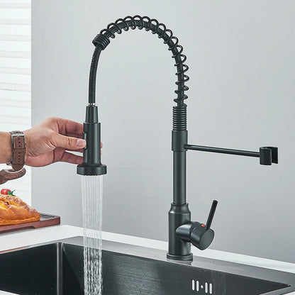 Robinet cuisine  | Mitigeurs cuisine-Robinet cuisine à ressort chromé avec douchette extractible — Jet aéré — Acier inoxydable – Bec rotatif