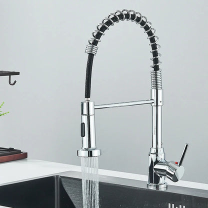 Robinet cuisine  | Mitigeurs cuisine-Robinet cuisine à ressort chromé avec douchette extractible — Jet aéré — Acier inoxydable – Bec rotatif
