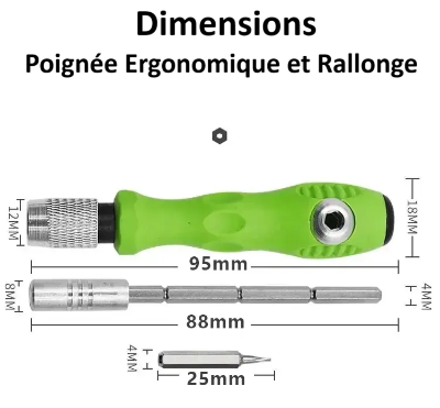 Tournevis de précision , Dimensions poignée verte , rallonge et embout
