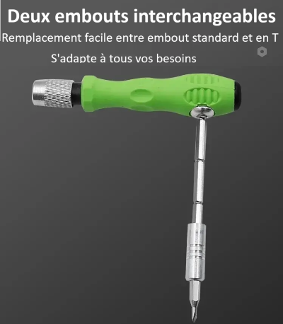 Tournevis de precision poignee verte avec rallonge et embout interchangeable en T