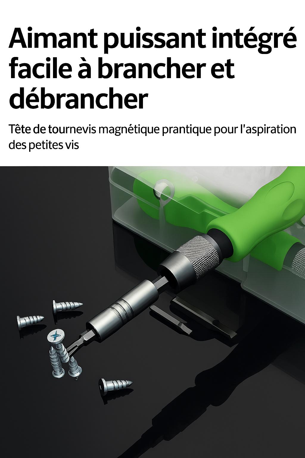 Tournevis de precision poignee verte avec rallonge et embout interchangeable magnetiques, aspiration vis