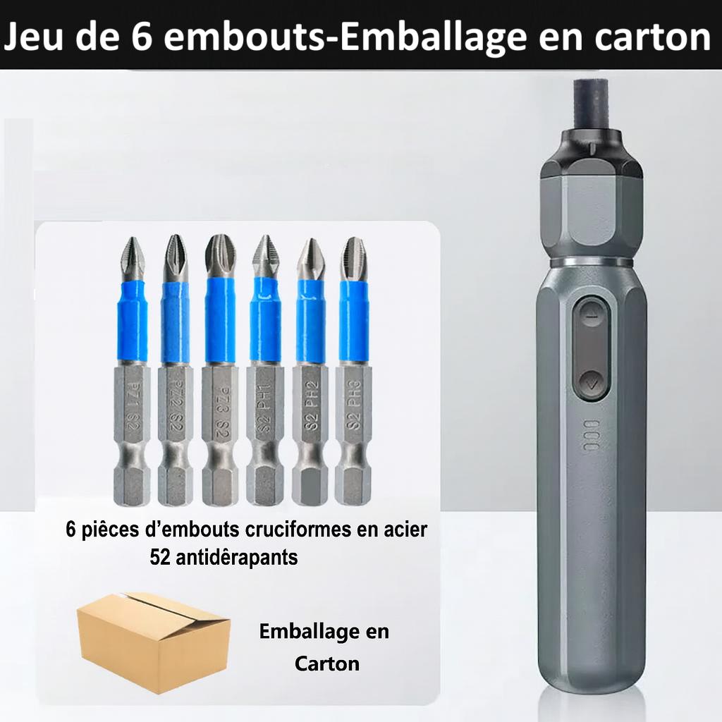Tournevis electrique , embouts cruciformes, bandes bleues ,boitier emballage carton