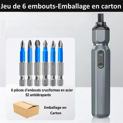 Tournevis electrique , embouts cruciformes, bandes bleues ,boitier emballage carton