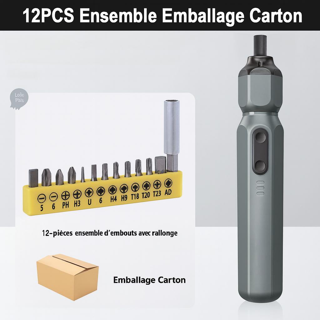 Tournevis electrique , jeu, 12pcs , embouts, emballage carton