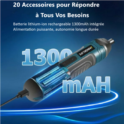 Tournevis electrique sans fil à 20 accessoires avec batterie au lithium de 1300mAh