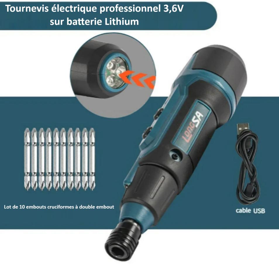 Tournevis électrique sans fil avec embouts, adaptateur magnétique, Led et câble USB de recharge